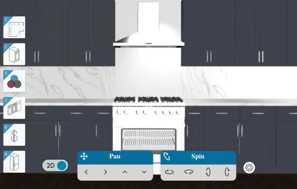 A screenshot of the DIY Kitchen Design software, showing the User Interface, a kitchen range, and cabinetry.