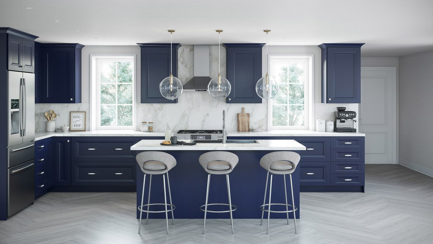 A beautiful kitchen decorated with dark blue cabinetry and a white backsplash.